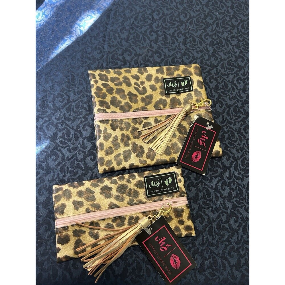 Set Of 2 Makeup Mommy Junkie Bags - Cheetah - Zippered - Vinyl - New With Tags